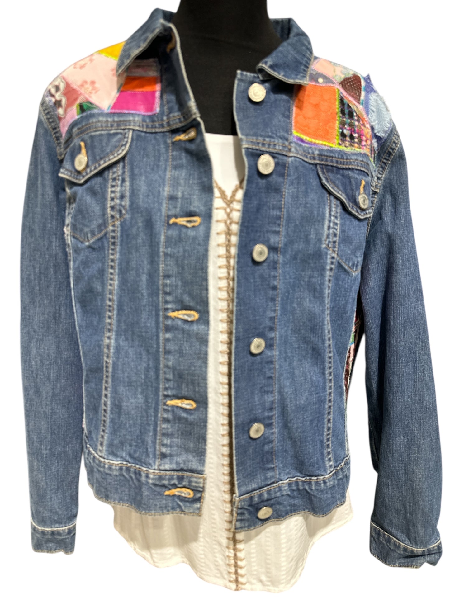 Oates Handquilted Medium Dark Denim Multi Color Gold Bird Jacket