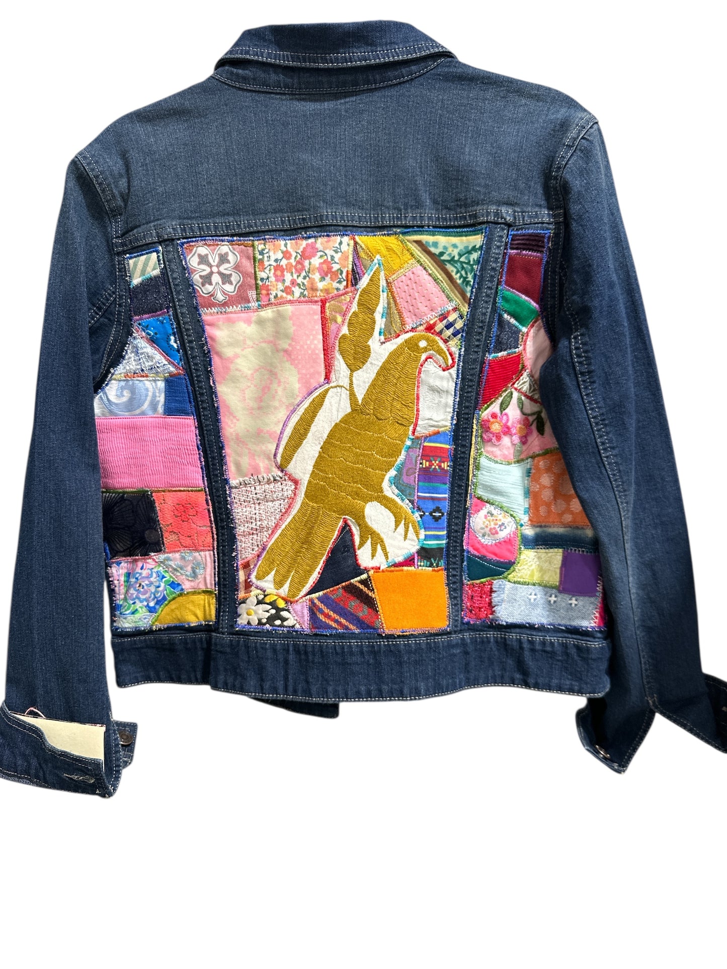 Oates Handquilted Dark Denim Multi Color Gold Bird Jacket
