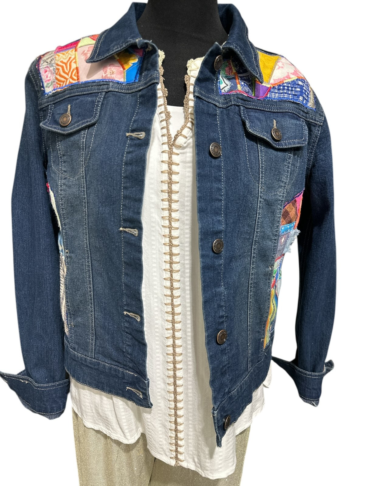 Oates Handquilted Dark Denim Multi Color Gold Bird Jacket