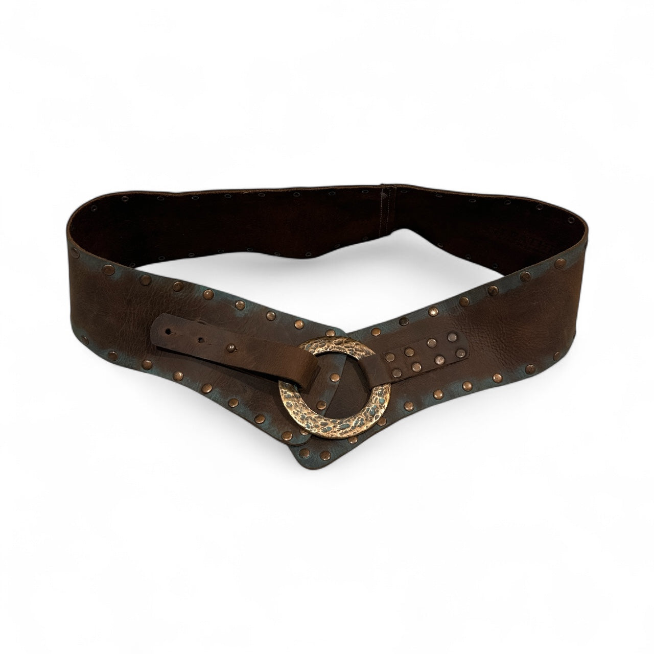 Brown Leather Belt Studded with Turquoise Distress