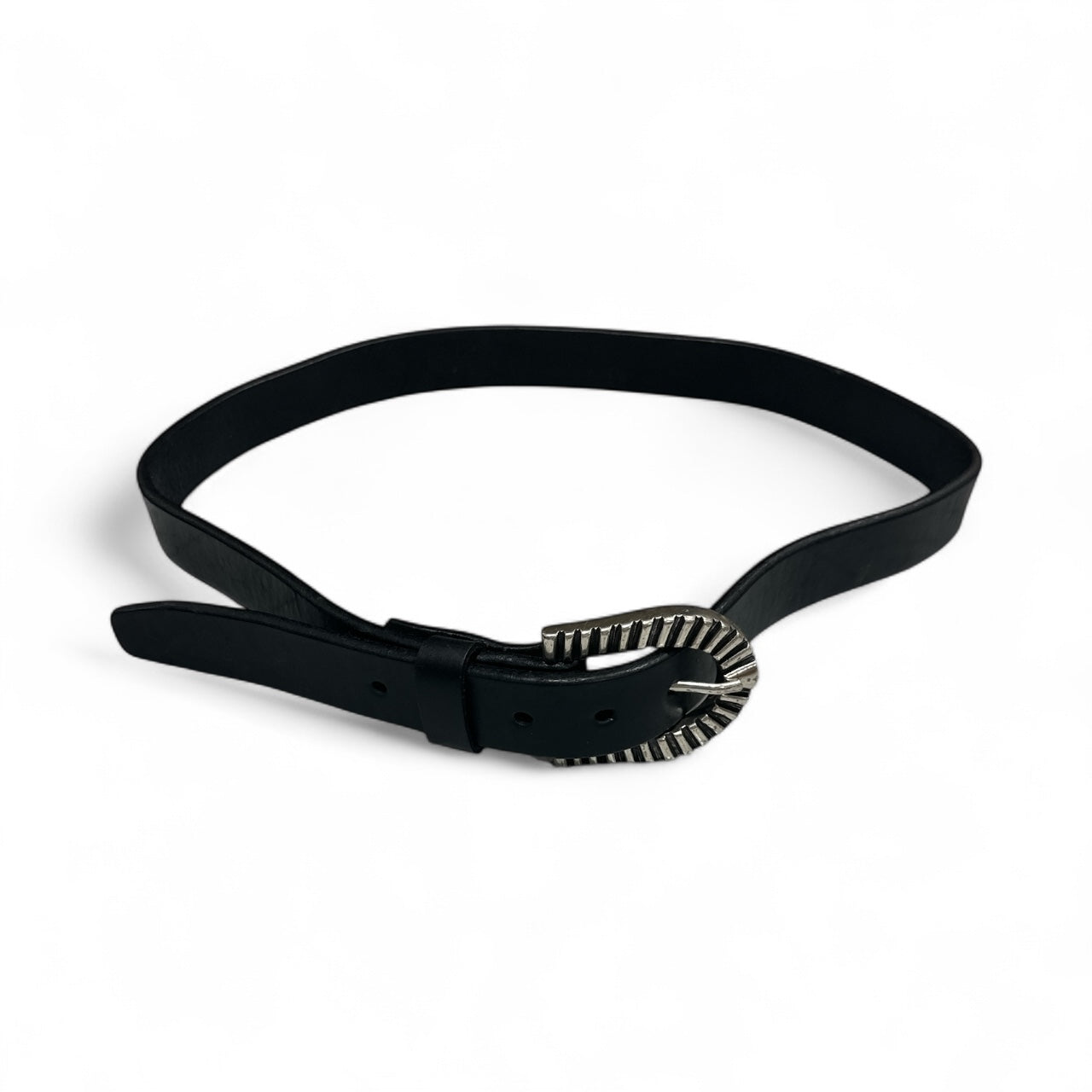 Black Leather Belt with Silver Ribbed Buckle