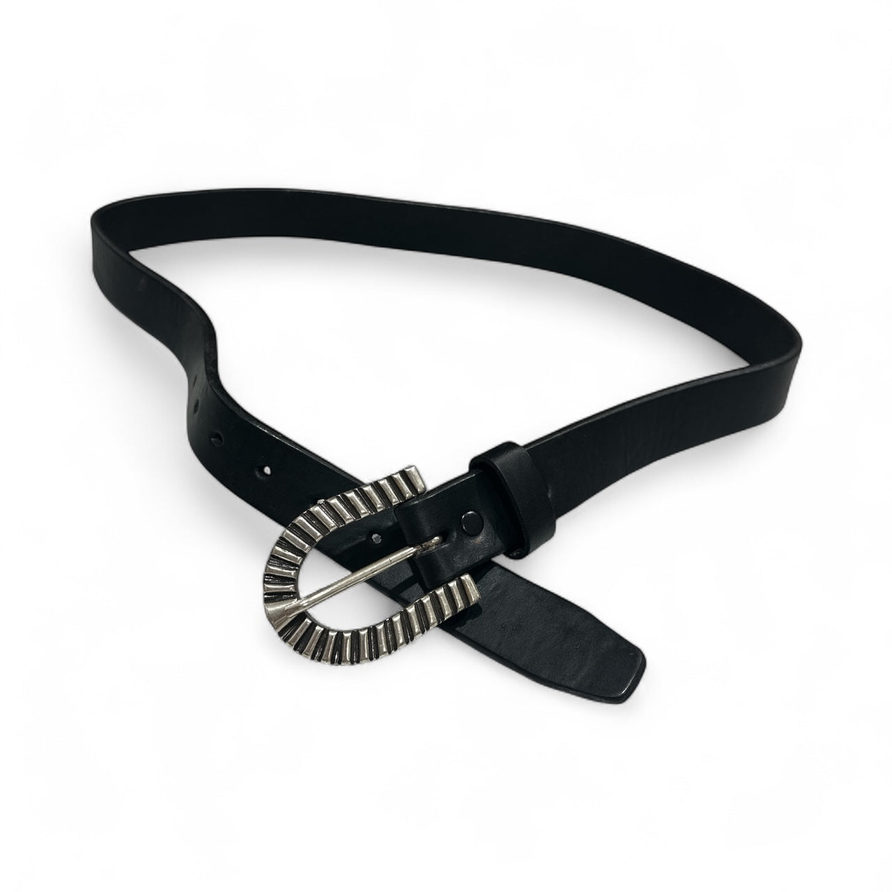 Black Leather Belt with Silver Ribbed Buckle