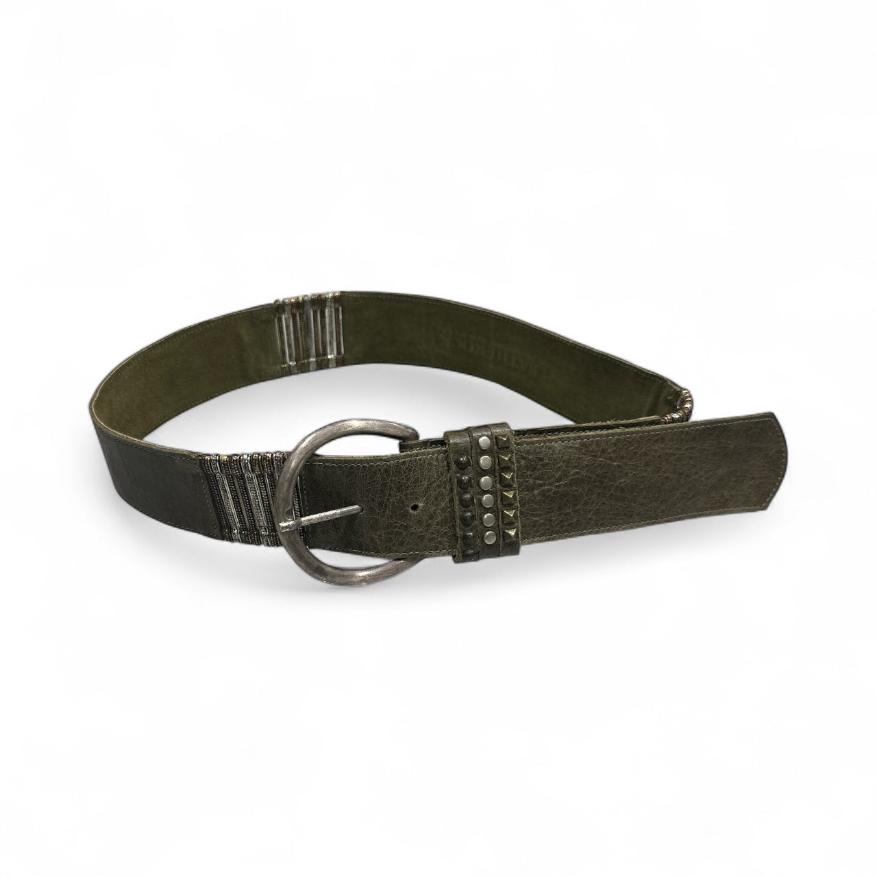 Brown Green Leather Belt with Mixed Metal Bars
