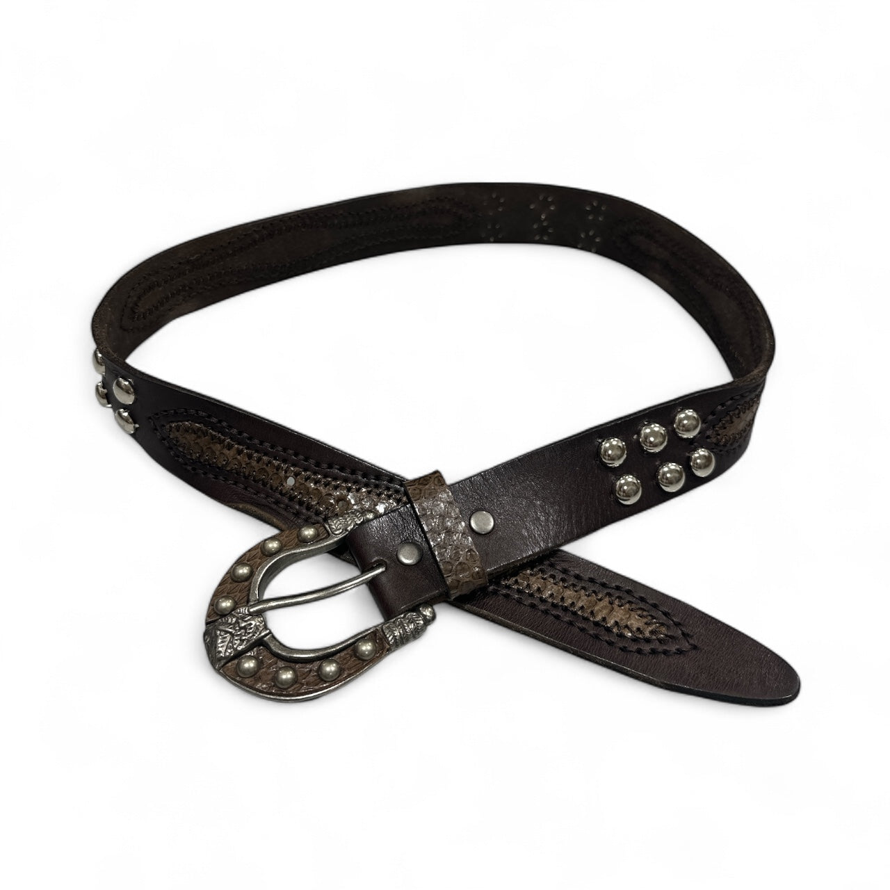 Brown Leather Belt with Silver Studs and Stitching