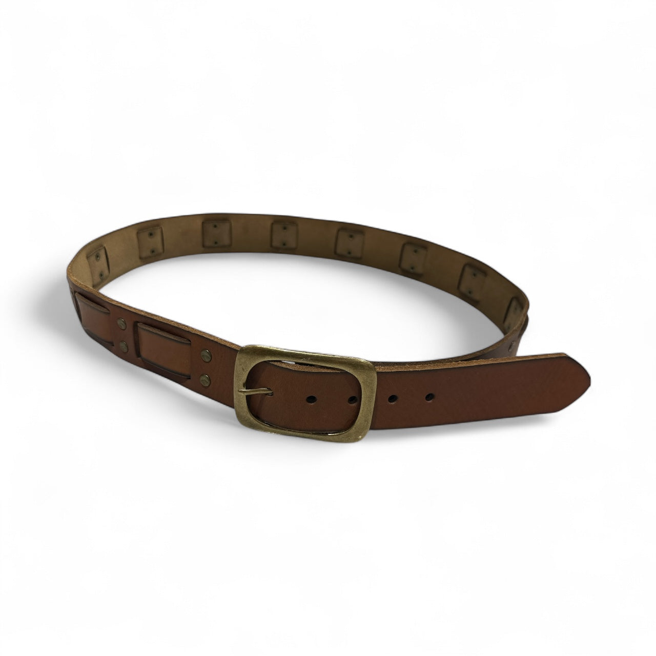 Brown Leather Square Detail Belt with Square Shape Buckle