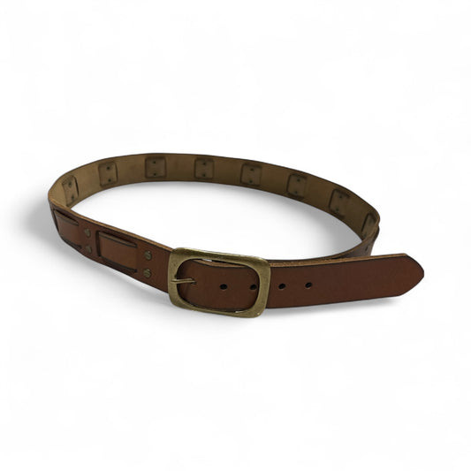 Brown Leather Square Detail Belt with Square Shape Buckle