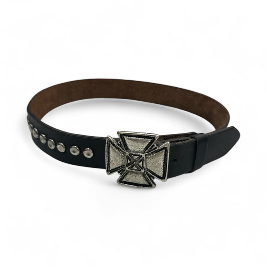 Black Leather Studded Belt with Decorative Buckle