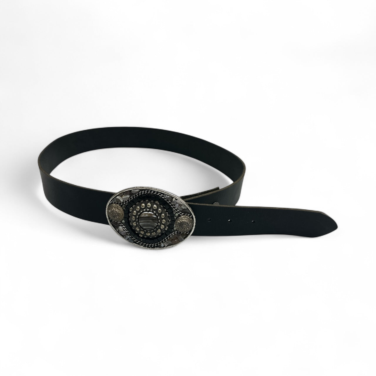 Black Leather Belt with Assorted Stone Oval Buckle
