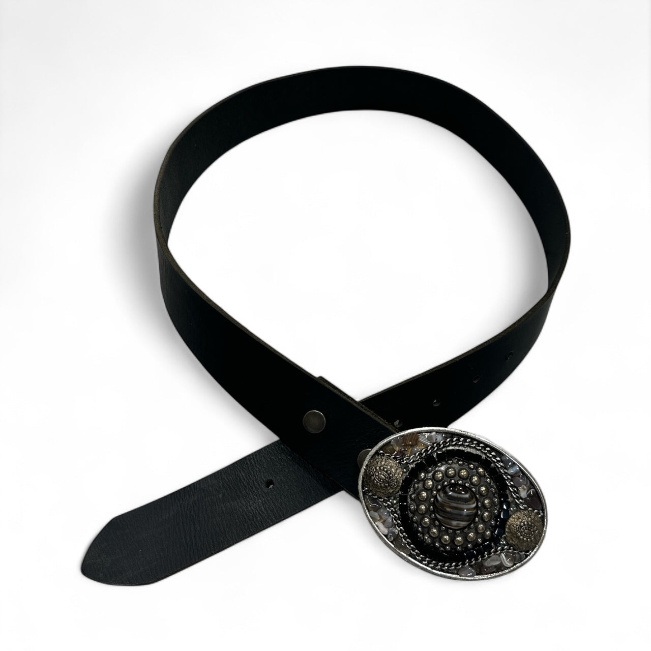 Black Leather Belt with Assorted Stone Oval Buckle