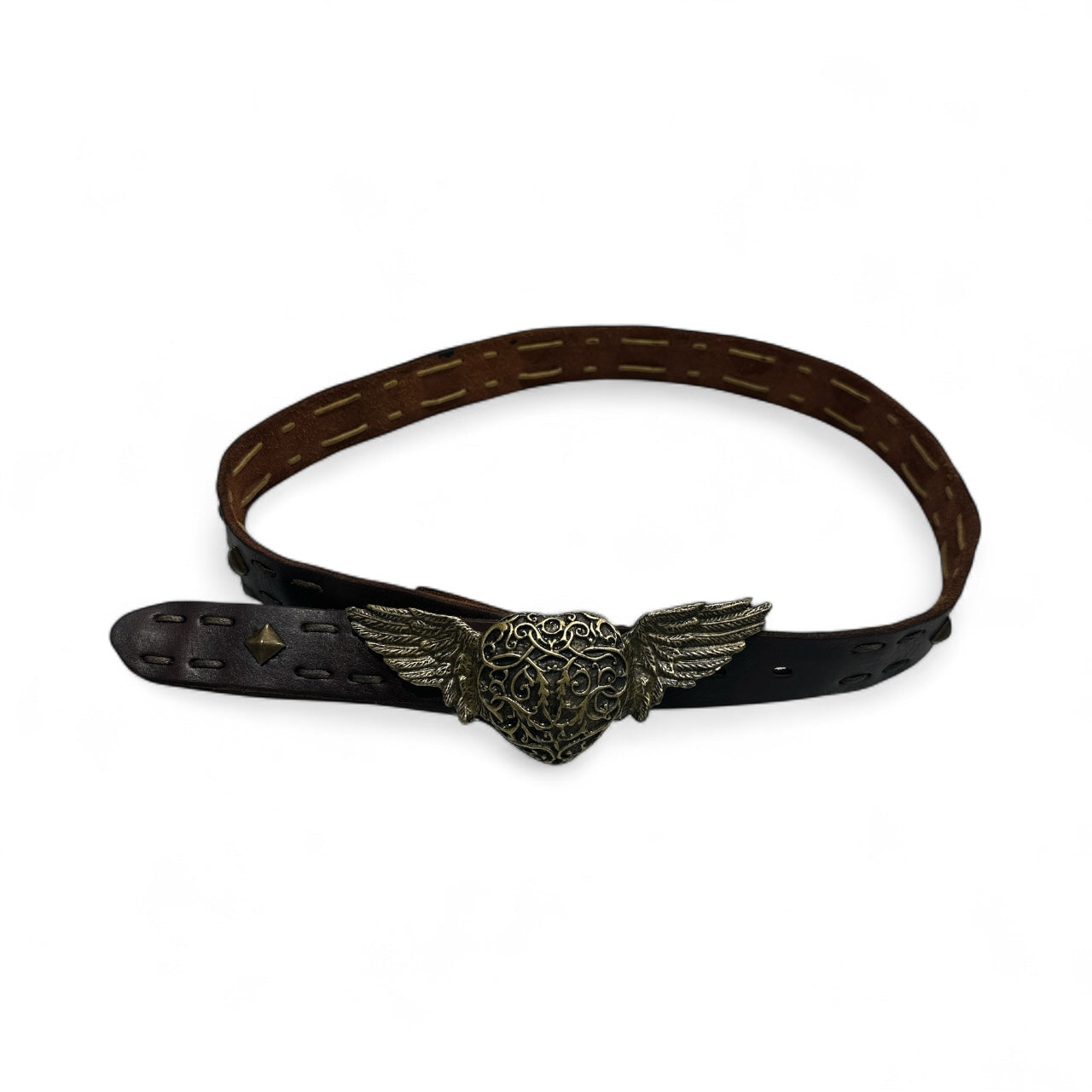 Dark Brown Leather Belt with Winged Heart Buckle