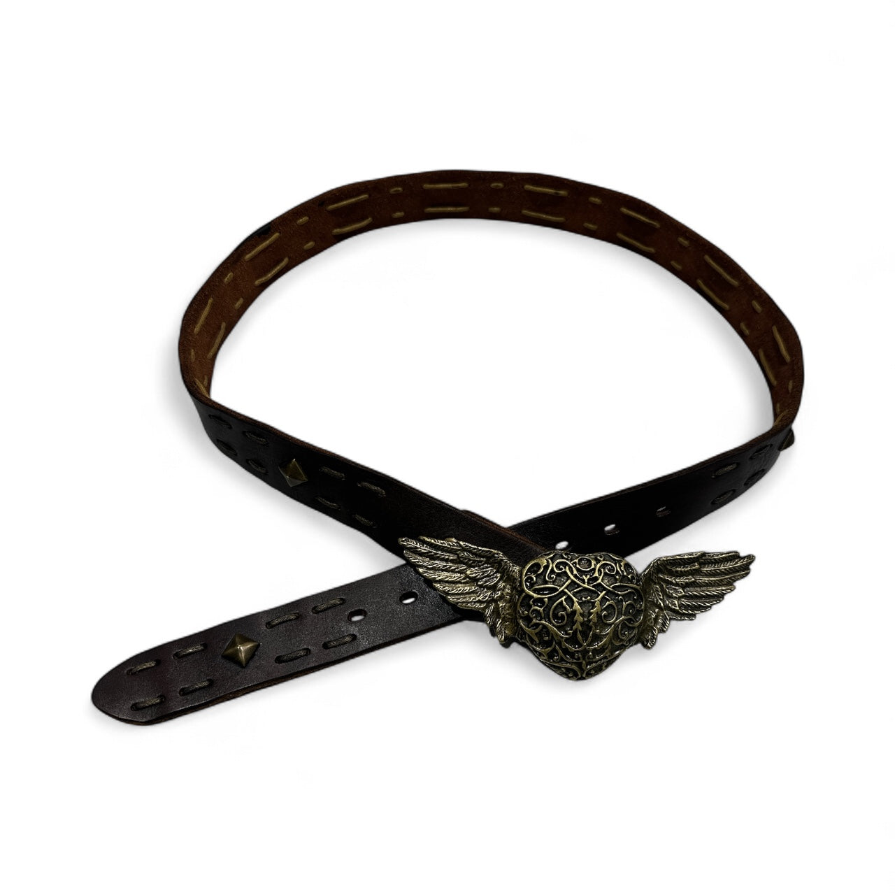Dark Brown Leather Belt with Winged Heart Buckle
