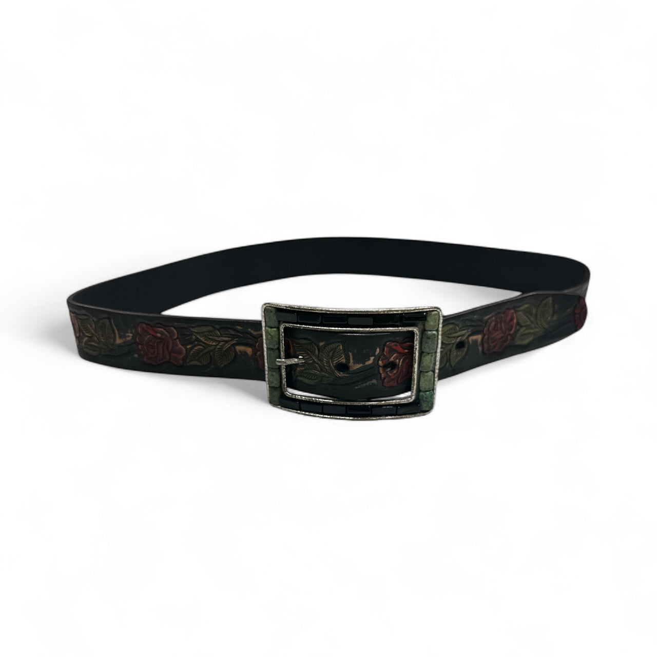 Black Leather Rose Belt with Stone Buckle