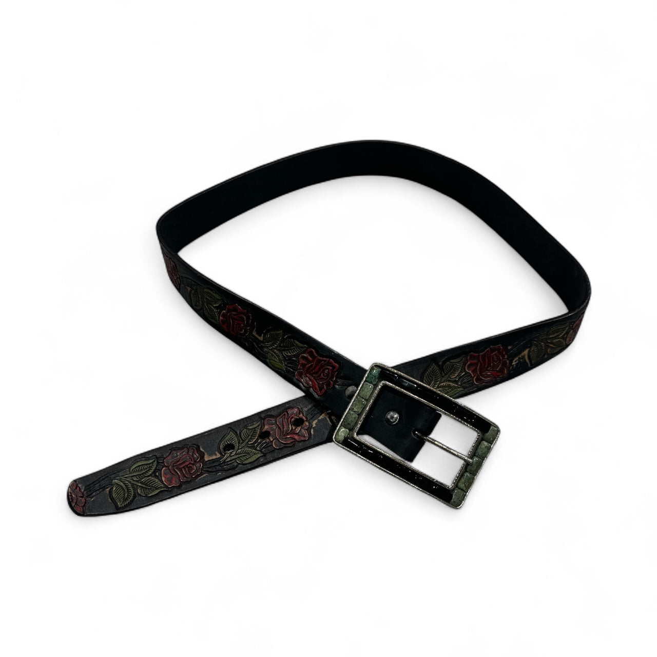 Black Leather Rose Belt with Stone Buckle