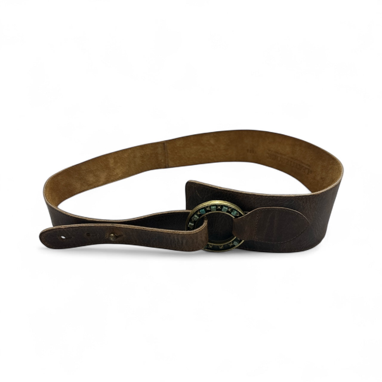 Brown Leather Belt with Turquoise Stud Ring Buckle