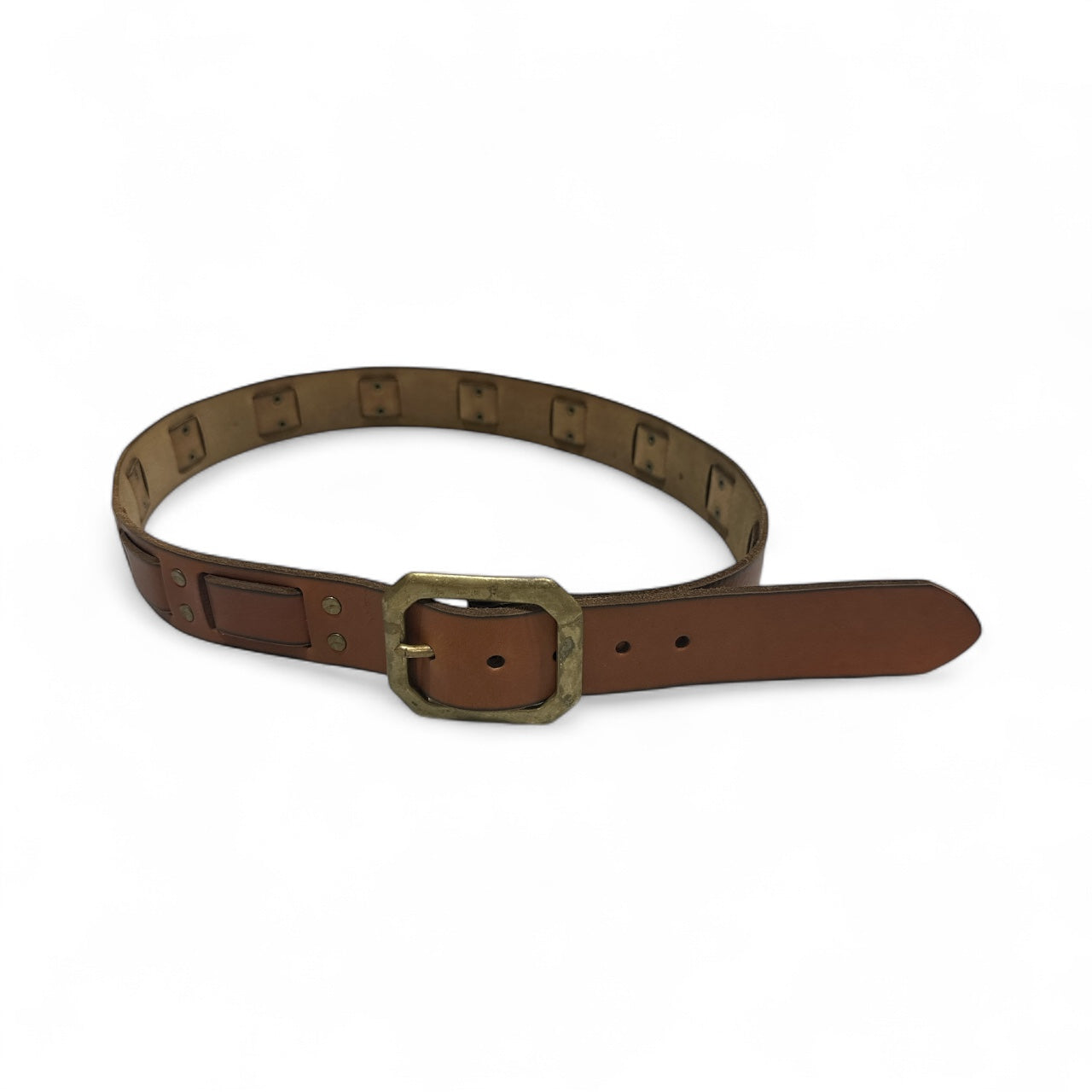 Brown Leather Square Detail Belt with Emerald Shape Buckle