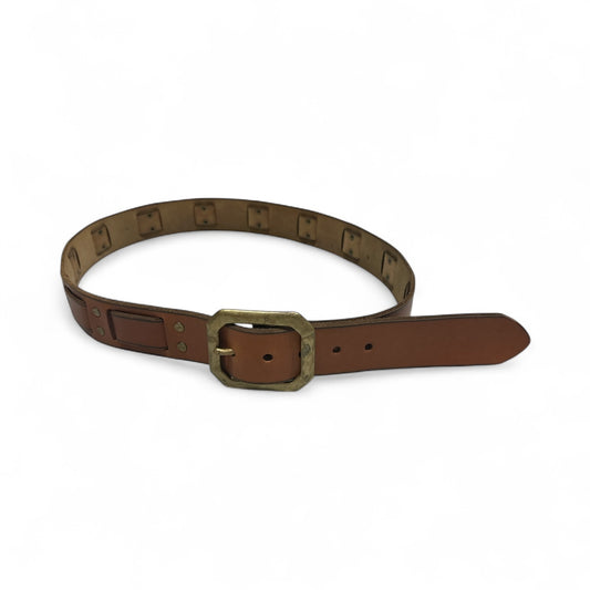Brown Leather Square Detail Belt with Emerald Shape Buckle