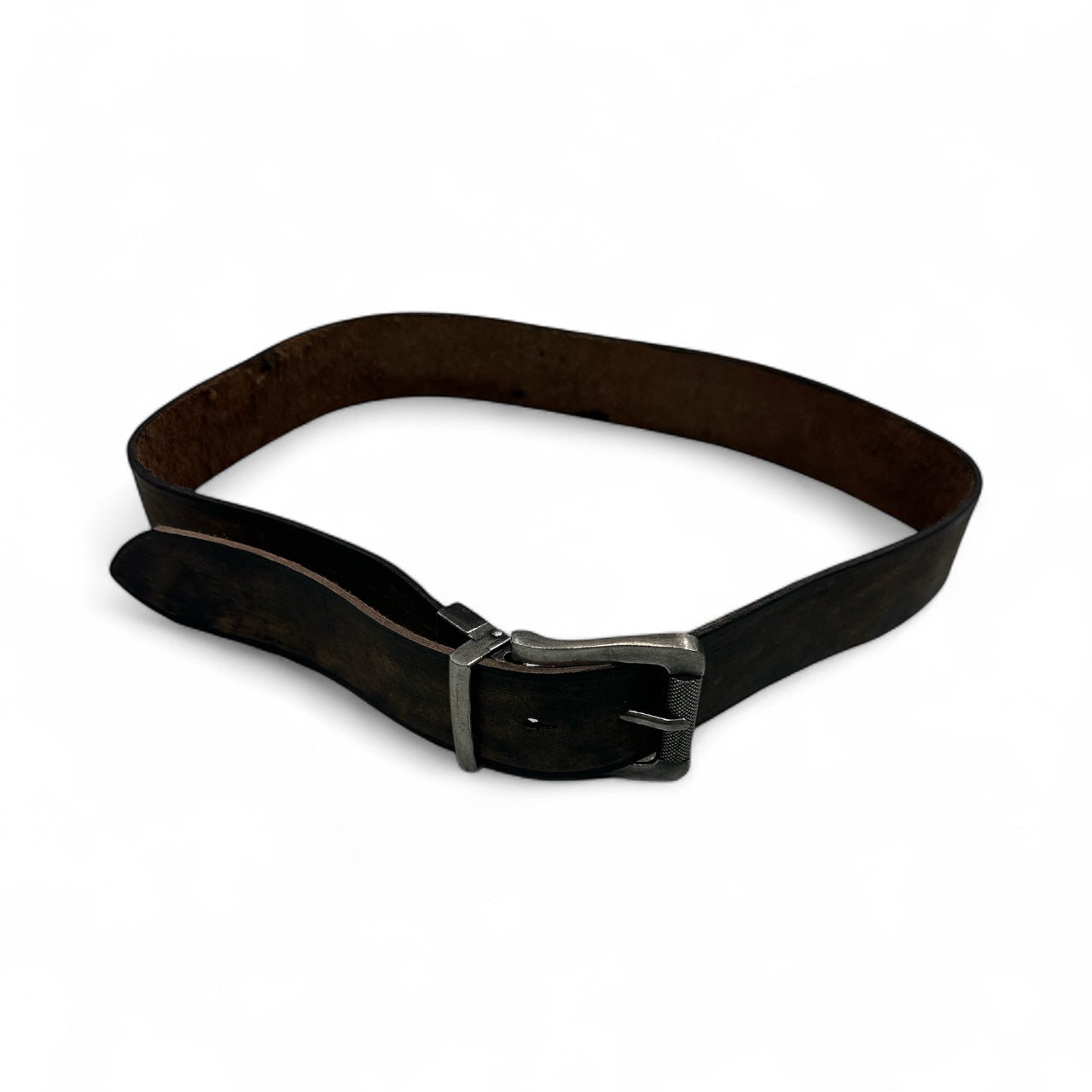 Dark Brown Distressed Leather Belt with Silver Buckle