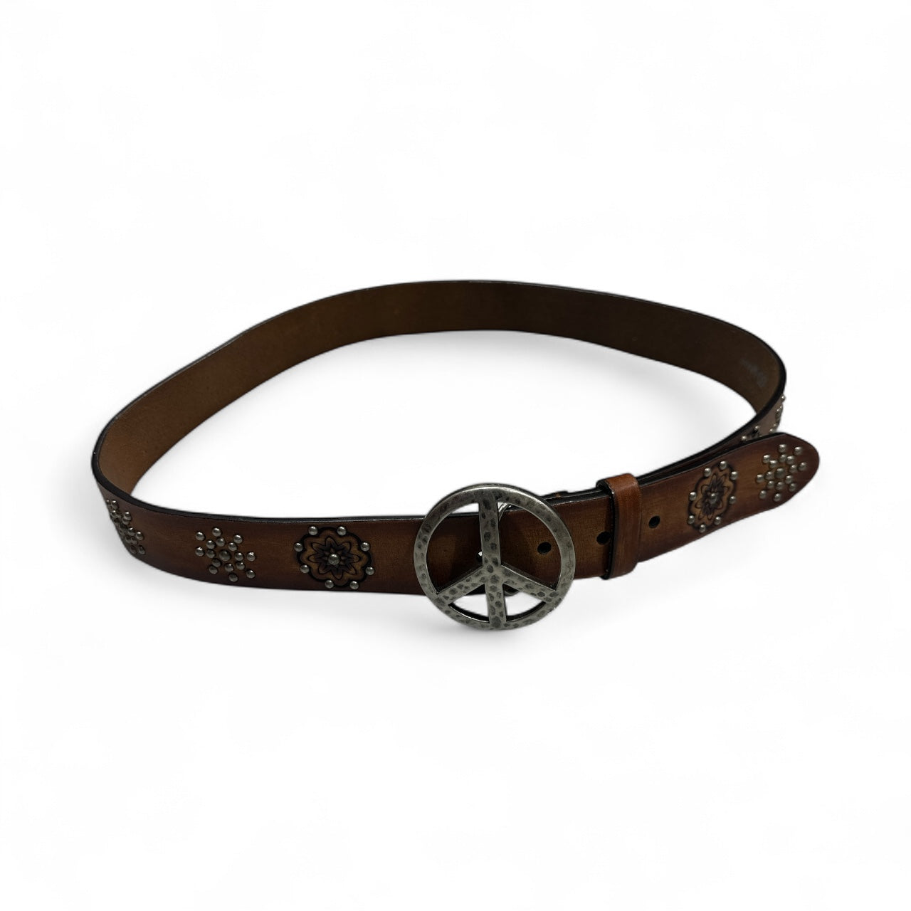Brown Flower Leather Belt with Peace Sign Buckle