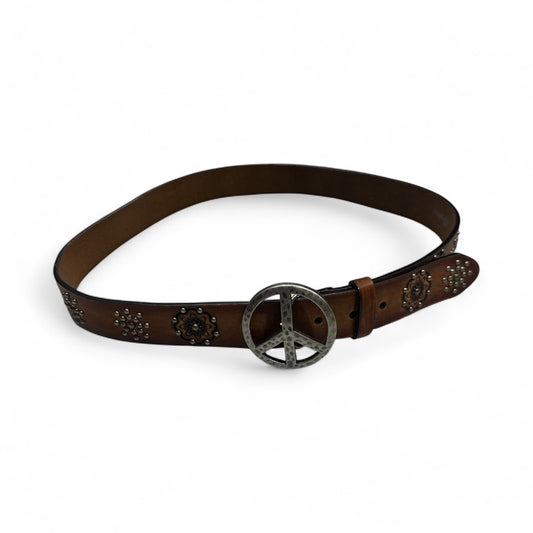 Brown Flower Leather Belt with Peace Sign Buckle