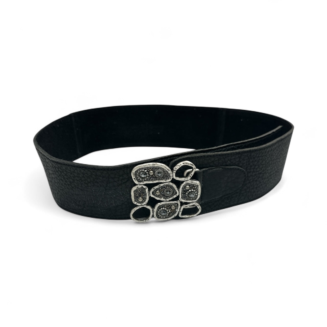 Black Leather Belt with Sparkle Stone Buckle