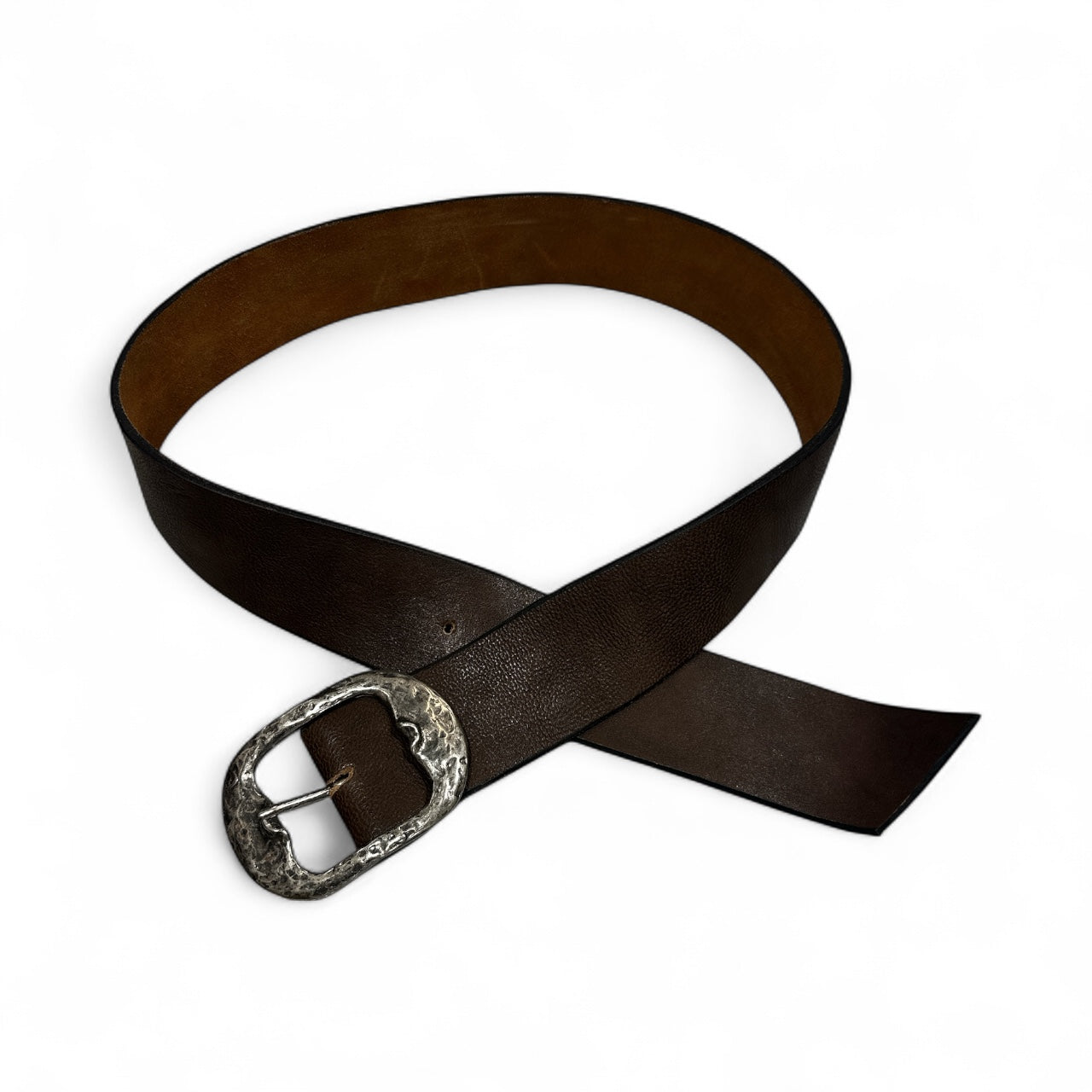 Dark Brown Leather Belt with Large Silver Buckle