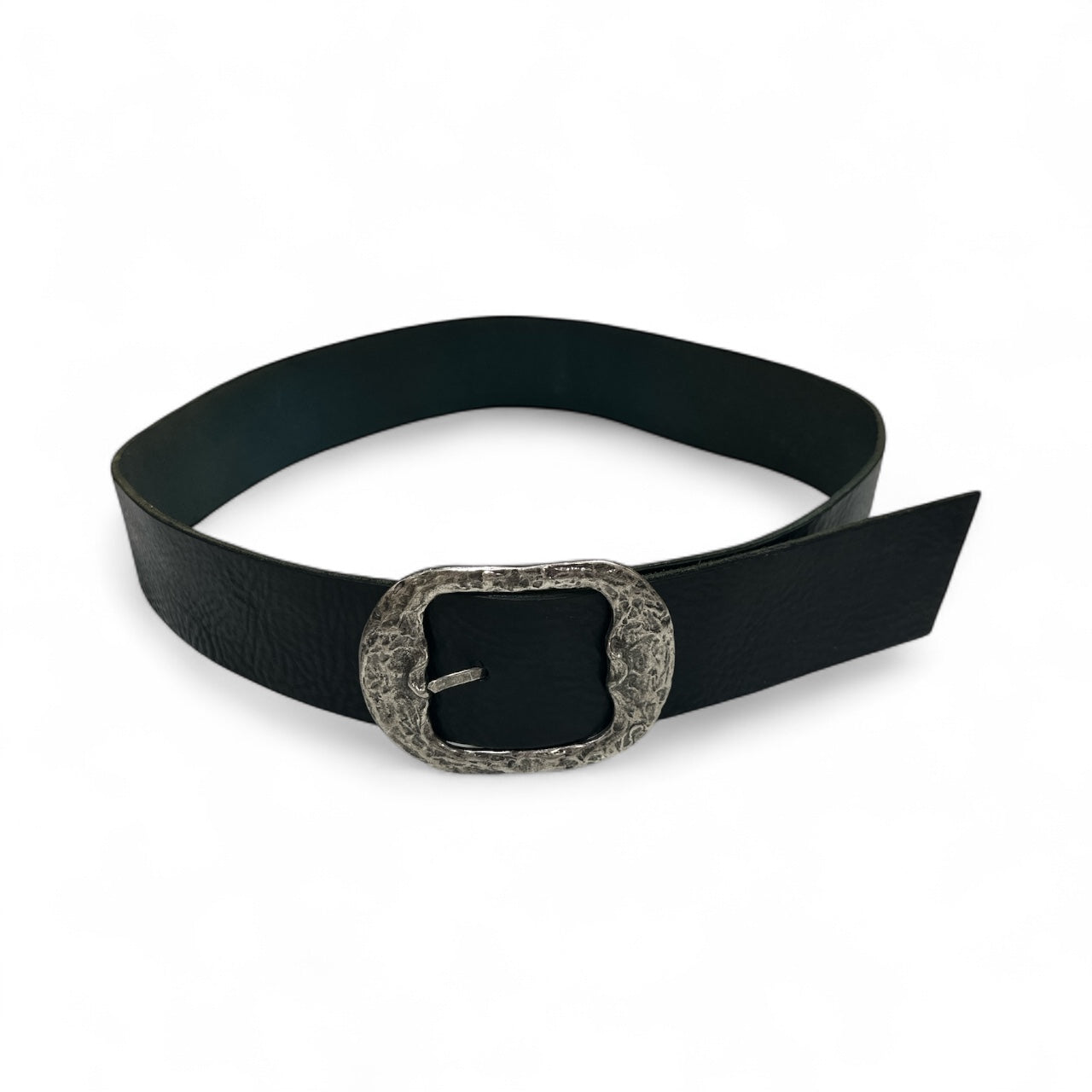 Black Leather Belt with Large Silver Buckle