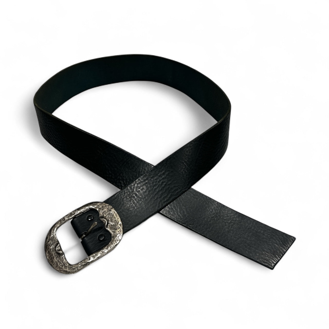 Black Leather Belt with Large Silver Buckle