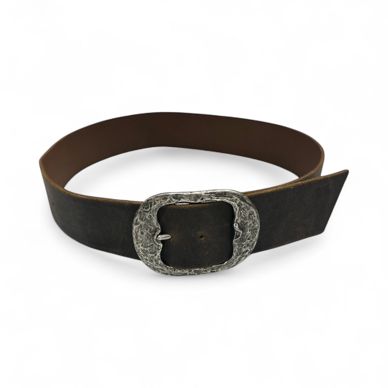 Dark Brown Leather Belt with Large Silver Buckle
