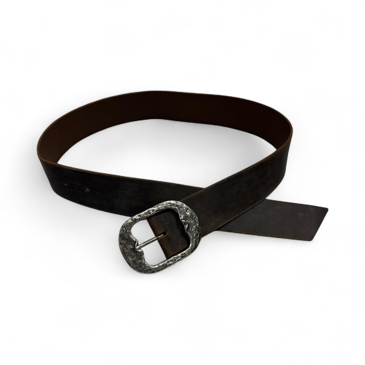 Dark Brown Leather Belt with Large Silver Buckle