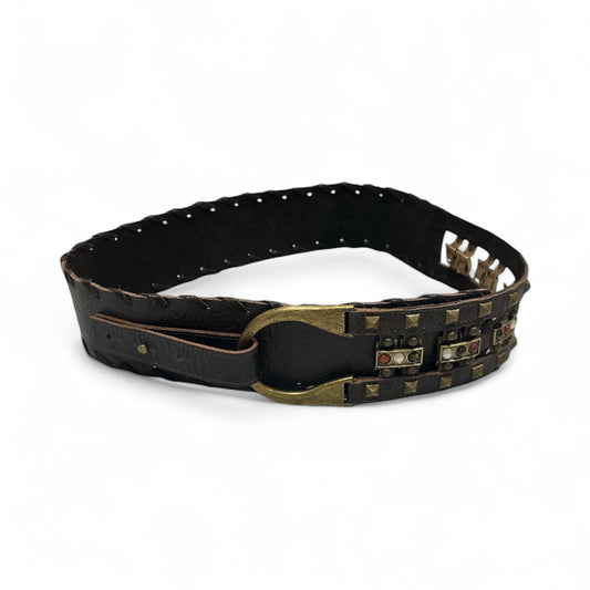 Dark Brown Leather Belt with Studs and Stones