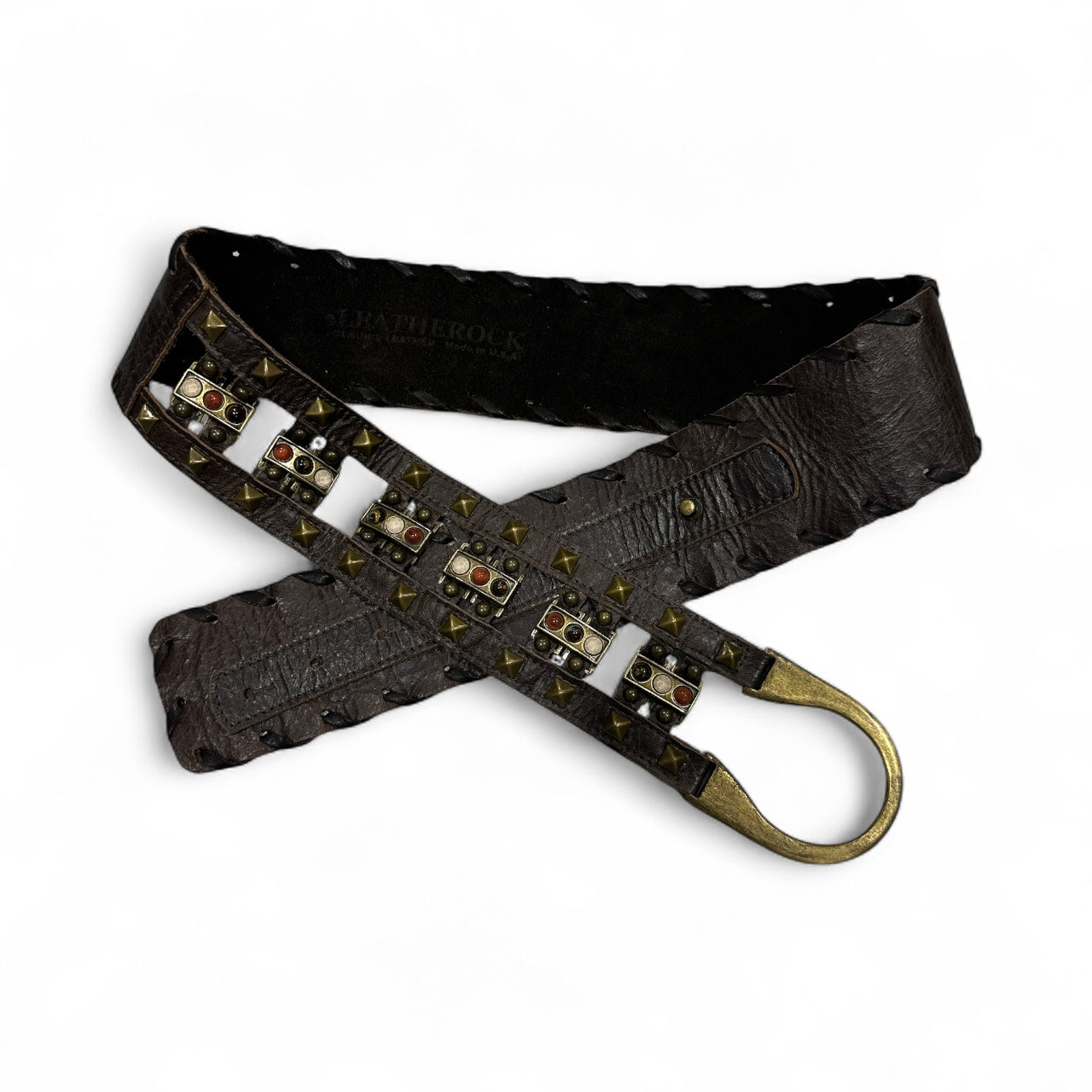 Dark Brown Leather Belt with Studs and Stones