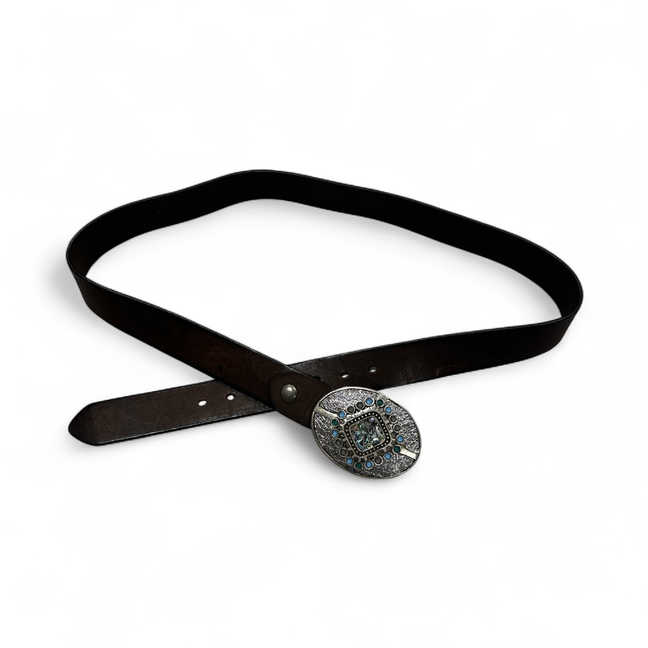 Dark Brown Leather Belt with Silver and Stone Buckle