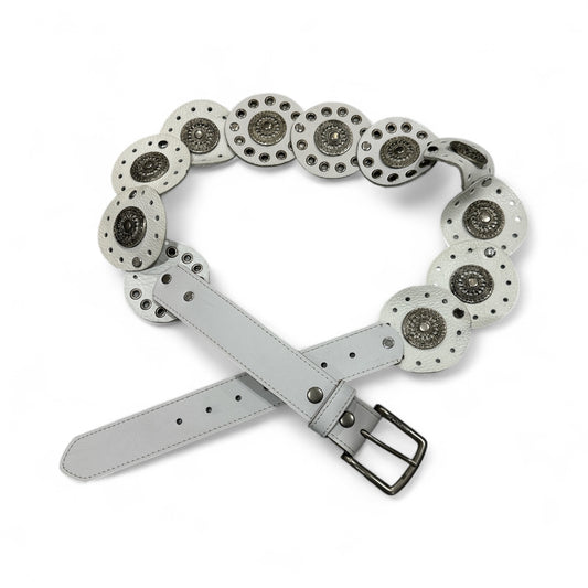 Circle White Leather Belt with Silver Metal Detailing