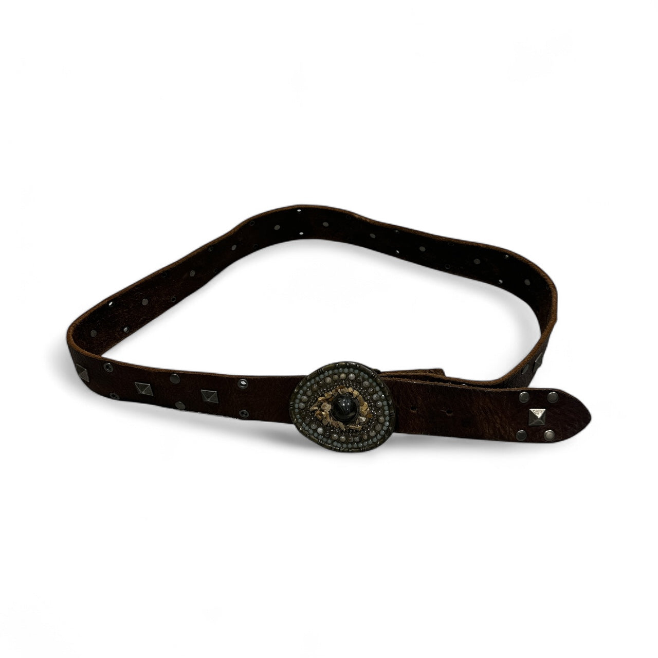 Dark Brown Leather Studded Belt with Stone Buckle