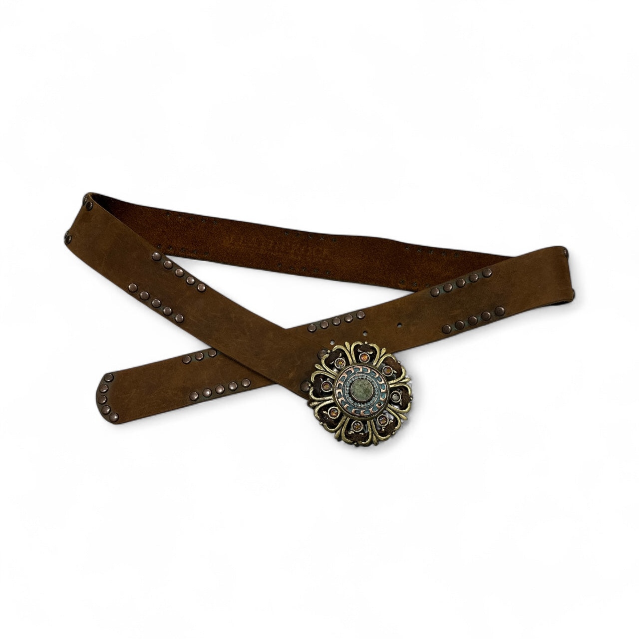 Brown Leather Belt with Jewel Flower Buckle