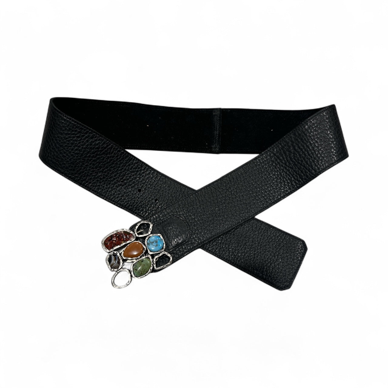 Black Leather Belt with Multicolor Stone Buckle