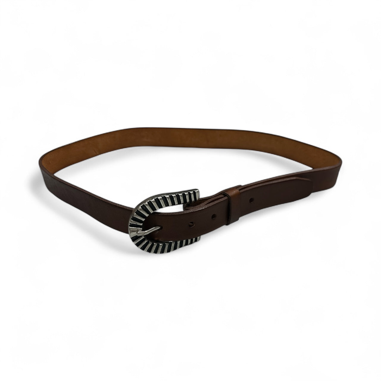 Brown Leather Belt with Ribbed Silver Buckle