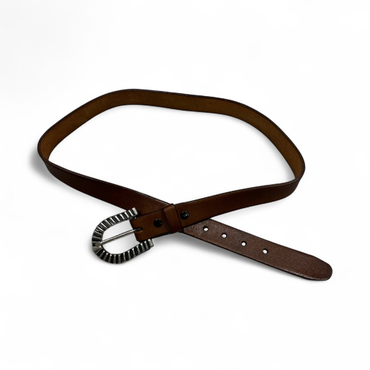 Brown Leather Belt with Ribbed Silver Buckle