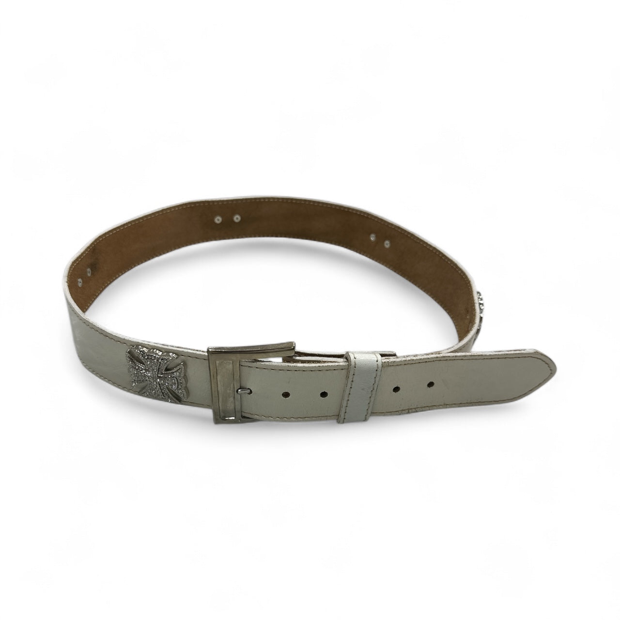 White Leather Belt with Diamond Crosses