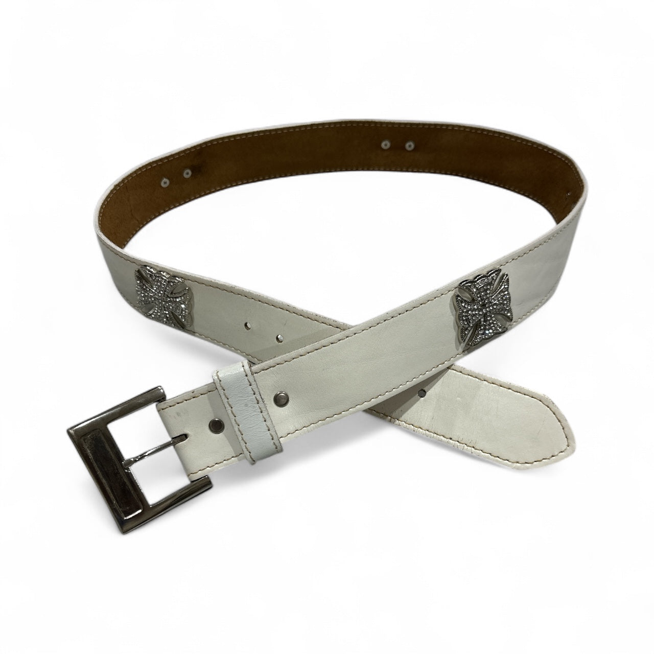 White Leather Belt with Diamond Crosses