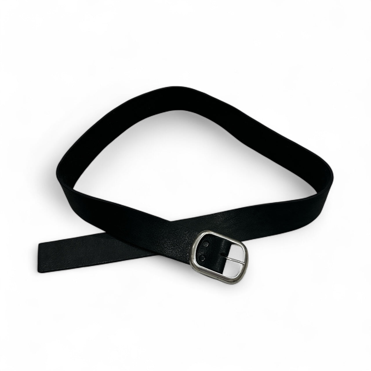 Black Leather Belt with Silver Buckle (No Holes)
