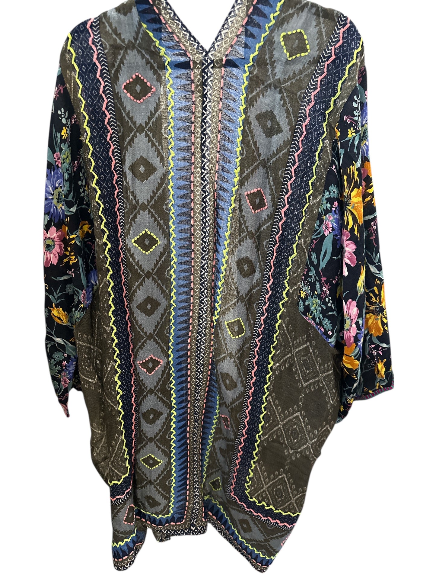 Gray Shawl with Neon Accents and Floral Sleeves