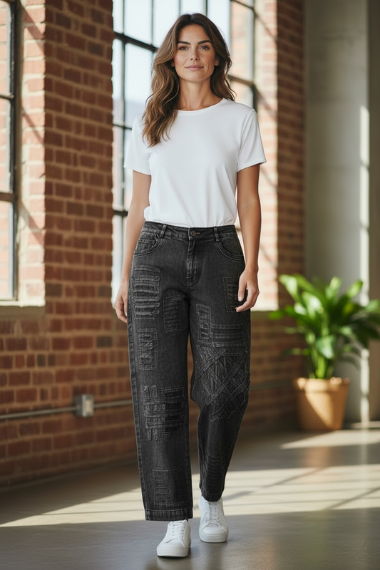 Paper Lace Black Denim Pants with Lace
