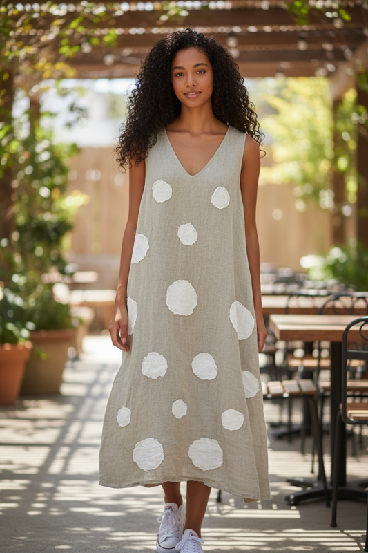 Sleeveless Polka Dot Linen Dress NATURAL