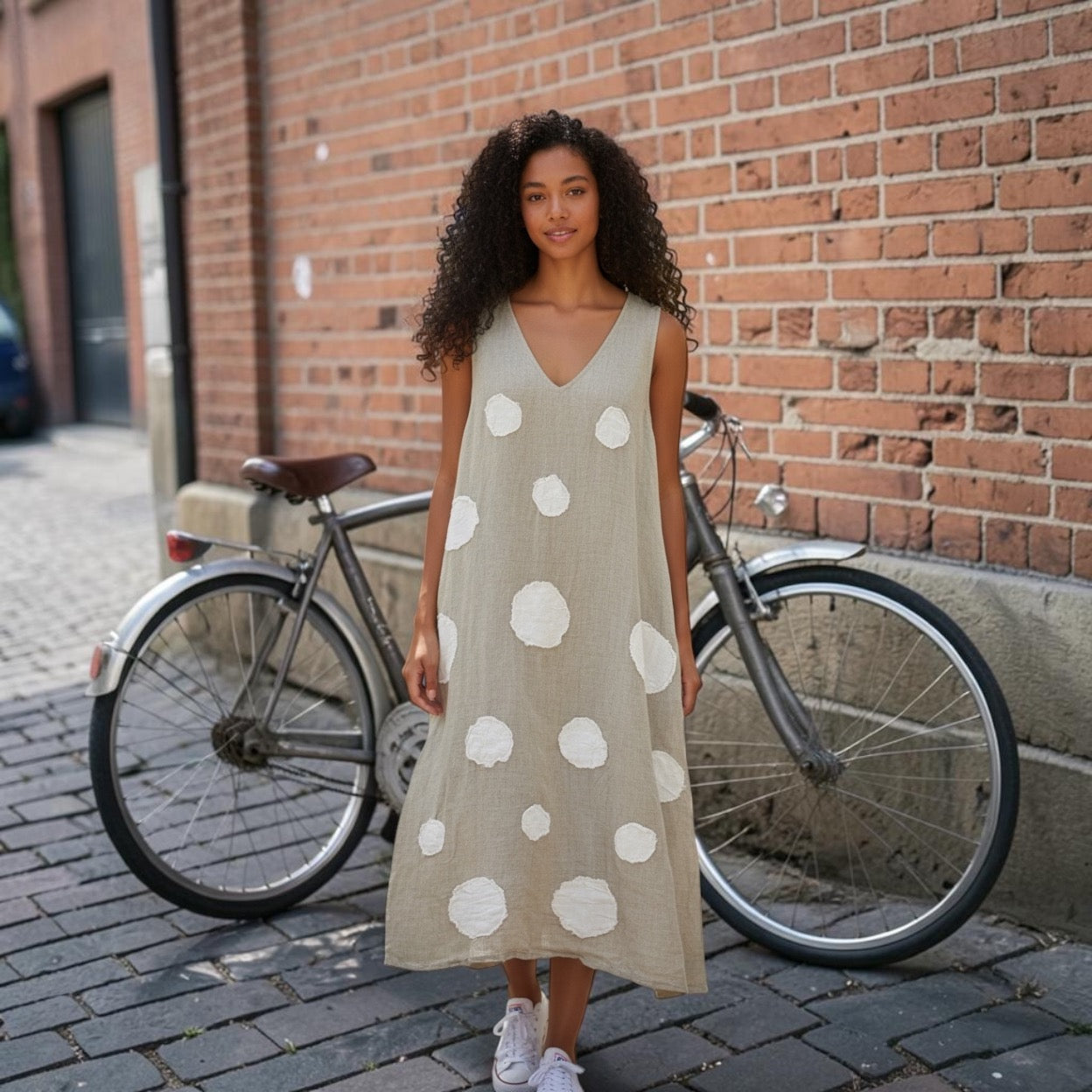 Sleeveless Polka Dot Linen Dress NATURAL