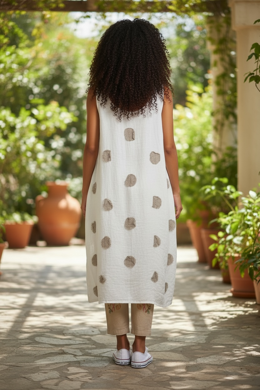 Sleeveless Polka Dot Linen Dress White