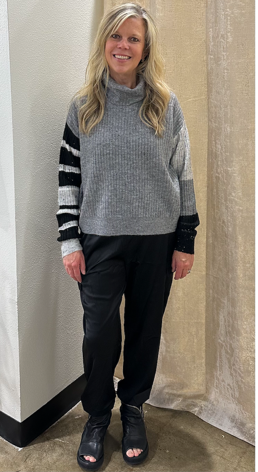 Grey and Black Striped Cowl Neck Sweater