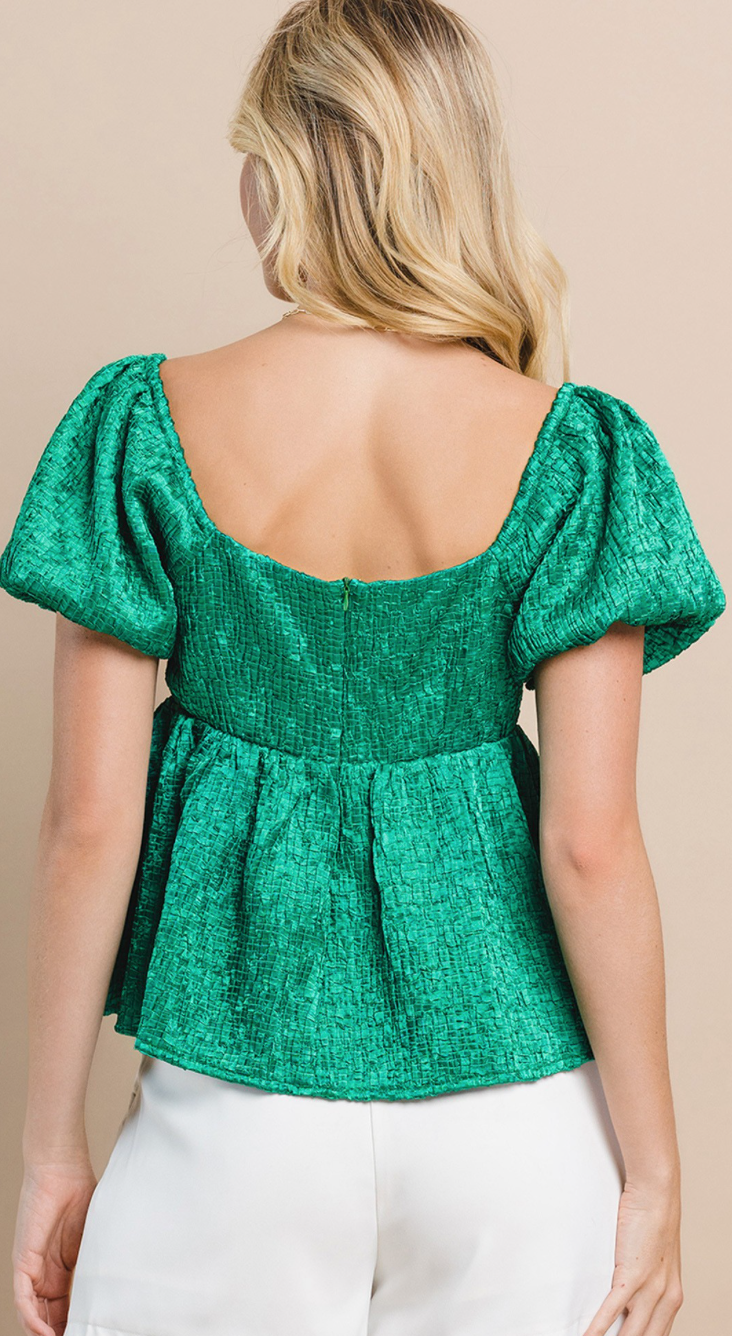 Textured Green Puff Sleeve Top