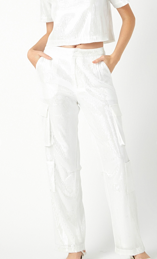 White Sequined Cargo Pants