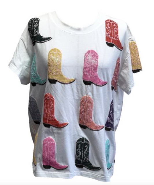 Queen of Sparkles White Multi Cowboy Boot Tee